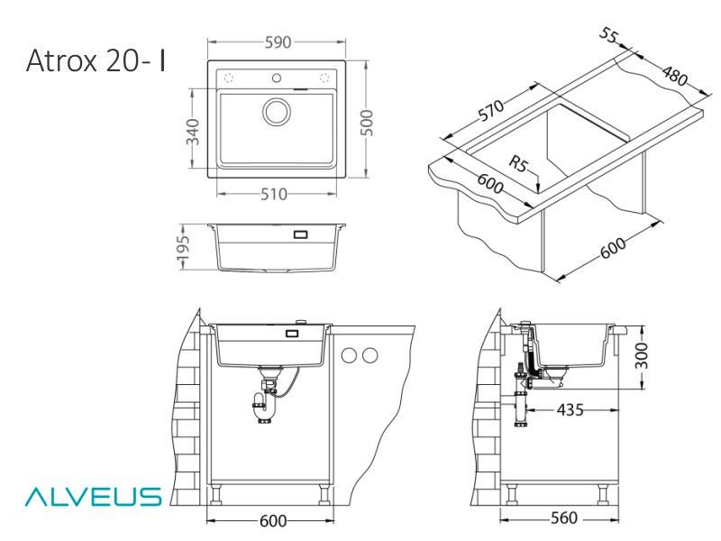 Мойка ALVEUS GRANITAL ATROX 30 ARCTIC - G11 590 X  500  1X в комплекте с сифоном 1132823 (1131991)