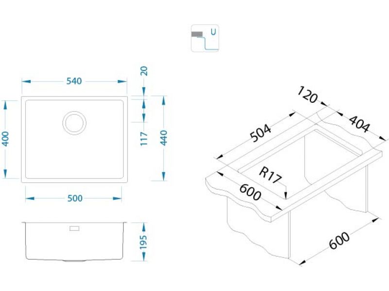 Мойка KOMBINO 50 SAT-90 500X400X195  в комплекте с сифоном 1130550 (1100237)